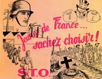 30257,Affiche de propagande vichyste en faveur du STO — Afin de diminuer l'apport considérable du STO envers la Résistance avec l'afflux de réfractaires vers les maquis, le gouvernement de Vichy s’appuie sur des campagnes d'affichages dans le but d’encourager les français à partir et pour rendre plus populaire ce service du travail obligatoire. L’affiche présentée ici encourage les Français à partir travailler en Allemagne plutôt qu'à s’engager dans la Résistance.,