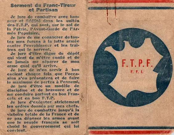 Carte et serment du Franc-tireur et Partisan FTPF-FFI