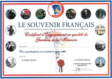 Certificat d'engagement du Souvenir Français : à titre d'encouragement en qualité de gardien de la mémoire : à partir de la classe de 6e.