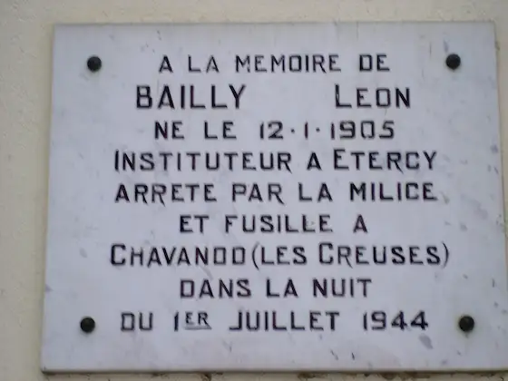 Étercy — Plaque commémorative Léon Bailly torturé et fusillé dans la nuit du 1er juillet 1914