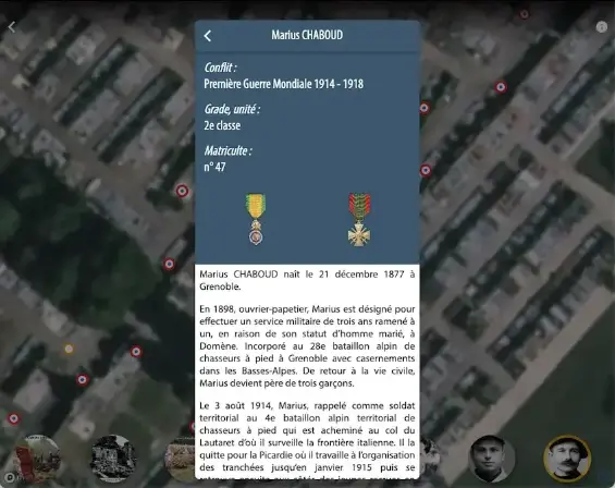 Exemple d'information donnée par GéoMémoire : une application qui vous accompagne lors de vos visites dans les 43 520 cimetières référencés par Le Souvenir Français.