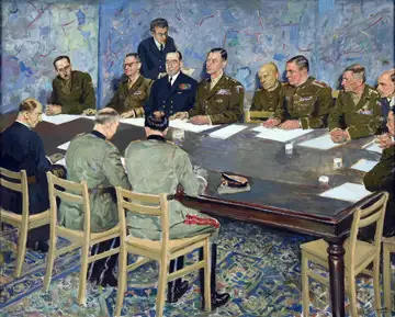 27629,Signature de la capitulation allemande le 7 mai 1945 à Reims — Lucien JONAS (peintre. SRC: https://musees-reims.fr/oeuvre/signature-de-la-capitulation-allemande-le-7-mai-1945-a-reims,