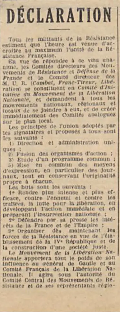 Annonce de la création du Mouvement de la Libération Nationale (MLN), publiée dans le journal Libération zone Sud daté du 20 janvier 1944 —  Bibliothèque nationale de France - Gallica