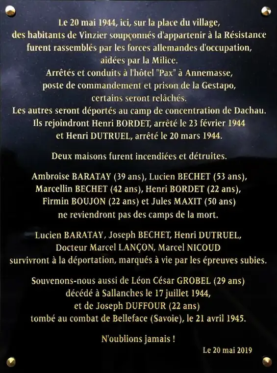 Vinzier - Plaque commémorative de la rafle du 20 mai 1944